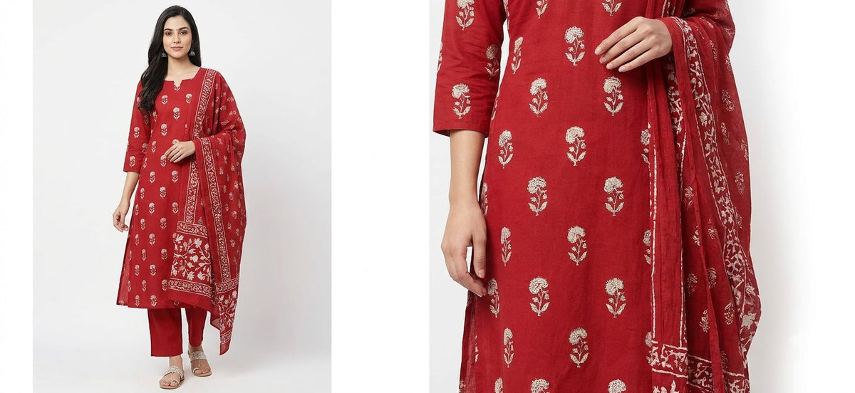 Red Block Print Cotton Straight Suit Set