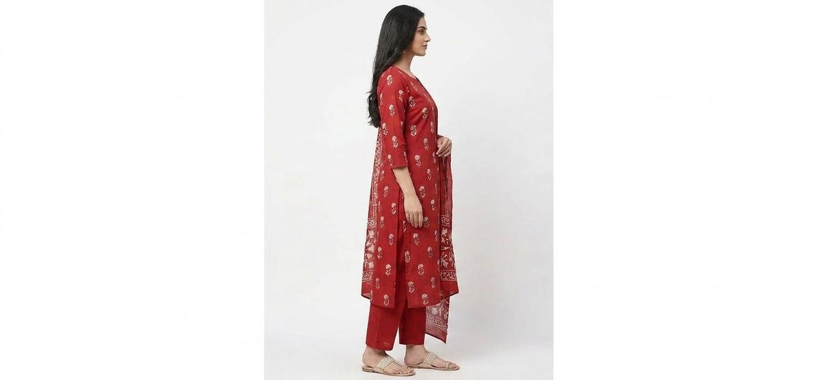Red Block Print Cotton Straight Suit Set