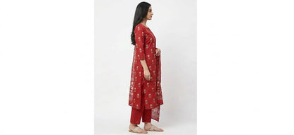 Red Block Print Cotton Straight Suit Set