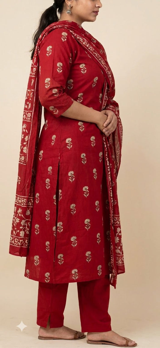 Red Block Print Cotton Straight Suit Set
