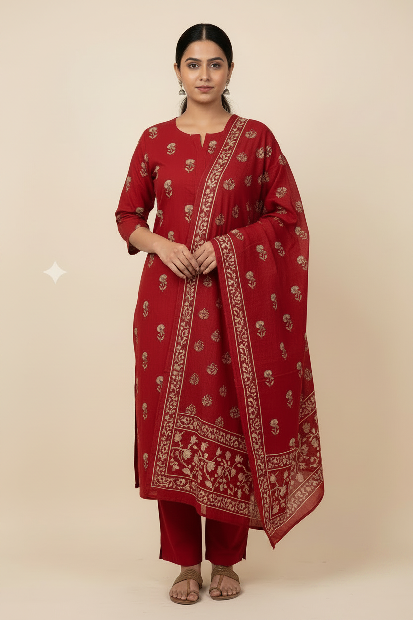 Red Block Print Cotton Straight Suit Set
