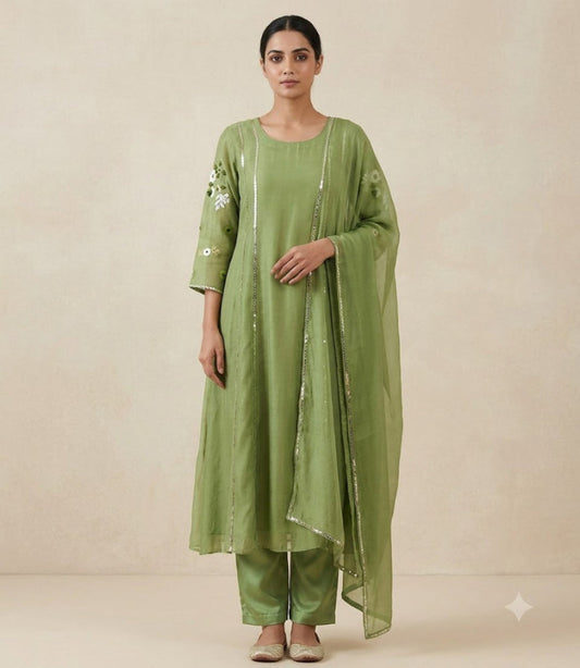 Pastel Green Mul Chanderi Embroidered Suit Set