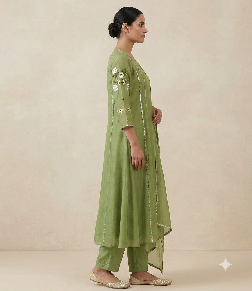 Pastel Green Mul Chanderi Embroidered Suit Set