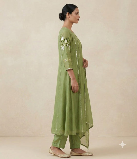 Pastel Green Mul Chanderi Embroidered Suit Set