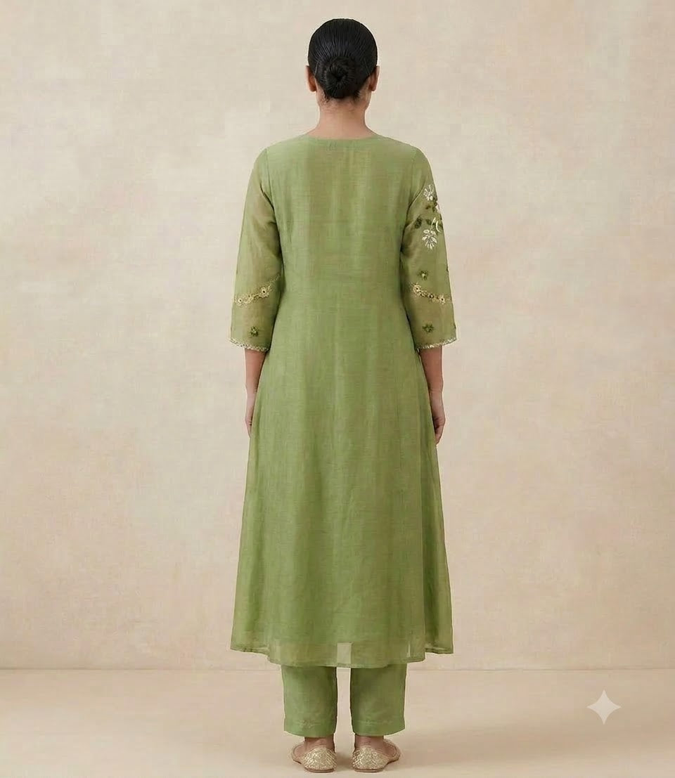 Pastel Green Mul Chanderi Embroidered Suit Set
