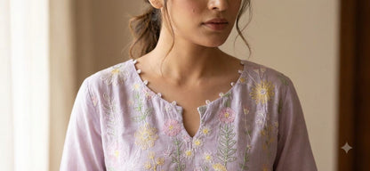Lilac Embroidered Mul Chanderi Straight Suit Set