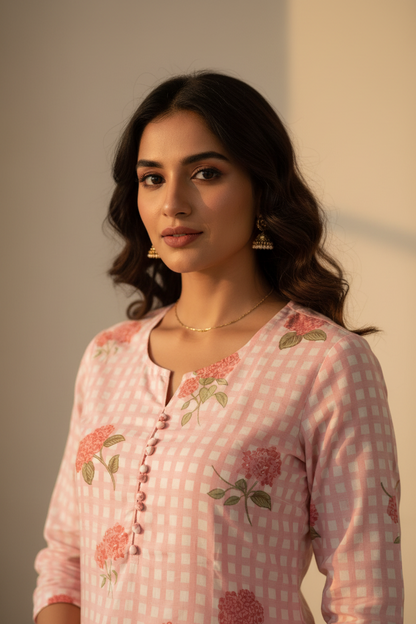 Baby Pink Hydrangea Check Farshi Cotton Suit Set