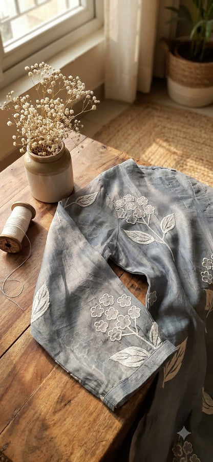 Slate Blue Embroidered Mul Chanderi Suit Set