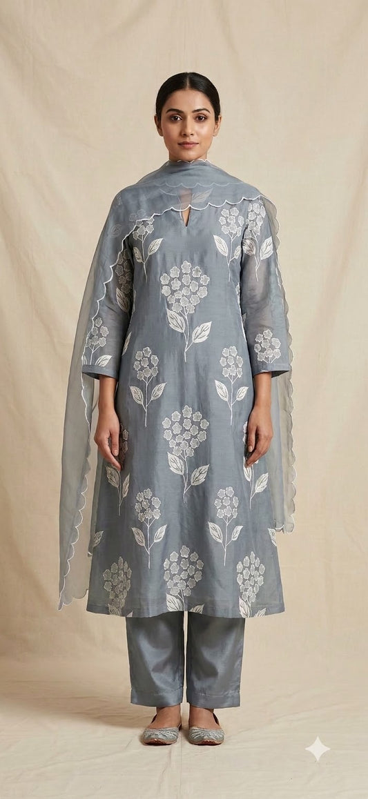 Slate Blue Embroidered Mul Chanderi Suit Set