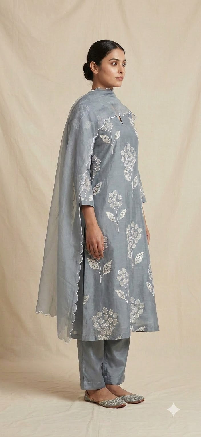 Slate Blue Embroidered Mul Chanderi Suit Set