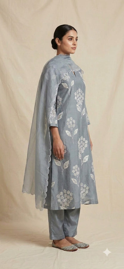 Slate Blue Embroidered Mul Chanderi Suit Set
