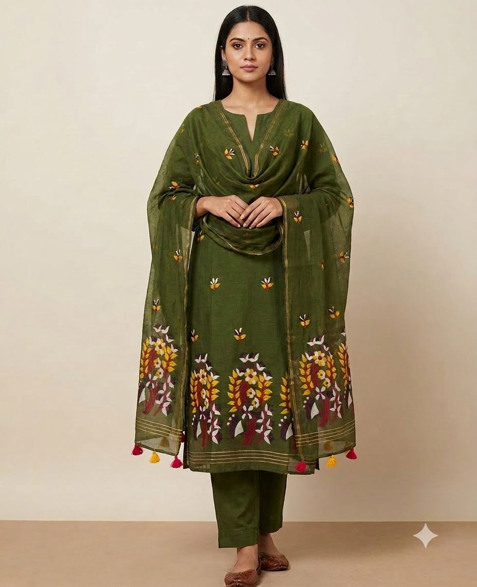 Mehendi Green Handwoven Jamdani Straight Suit Set