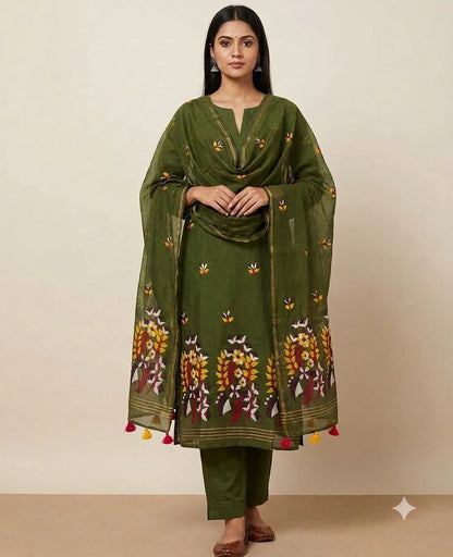 Mehendi Green Handwoven Jamdani Straight Suit Set