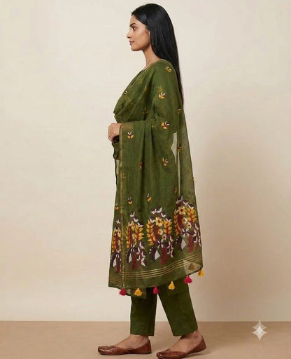 Mehendi Green Handwoven Jamdani Straight Suit Set