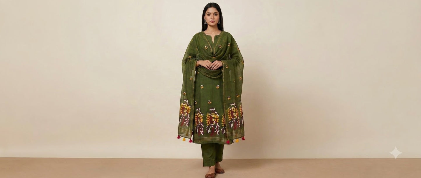 Mehendi Green Handwoven Jamdani Straight Suit Set