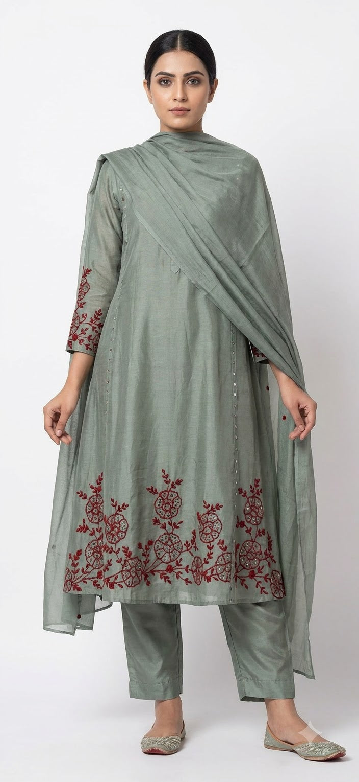 Sage Green Kantha Work Mul Chanderi Suit Set