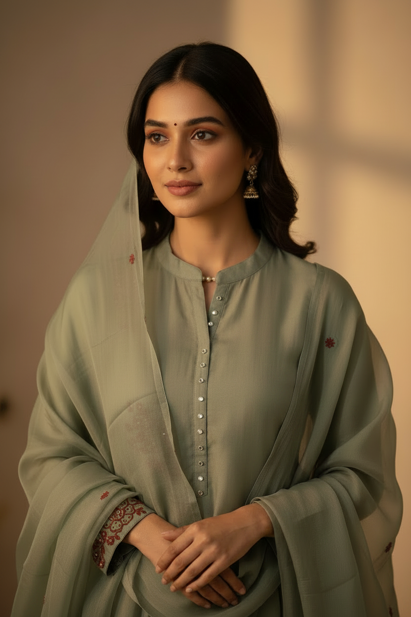 Sage Green Kantha Work Mul Chanderi Suit Set