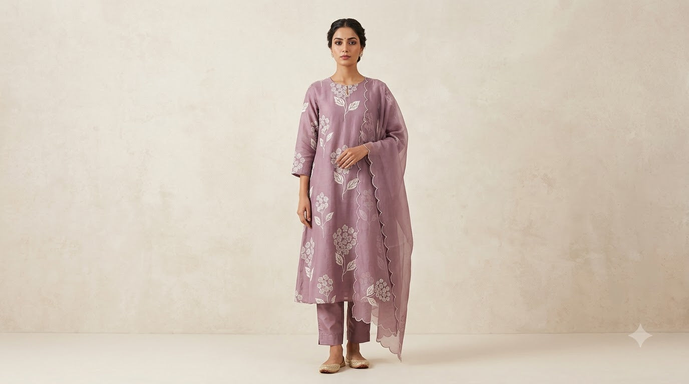 Orchid Embroidered Mul Chanderi Suit Set