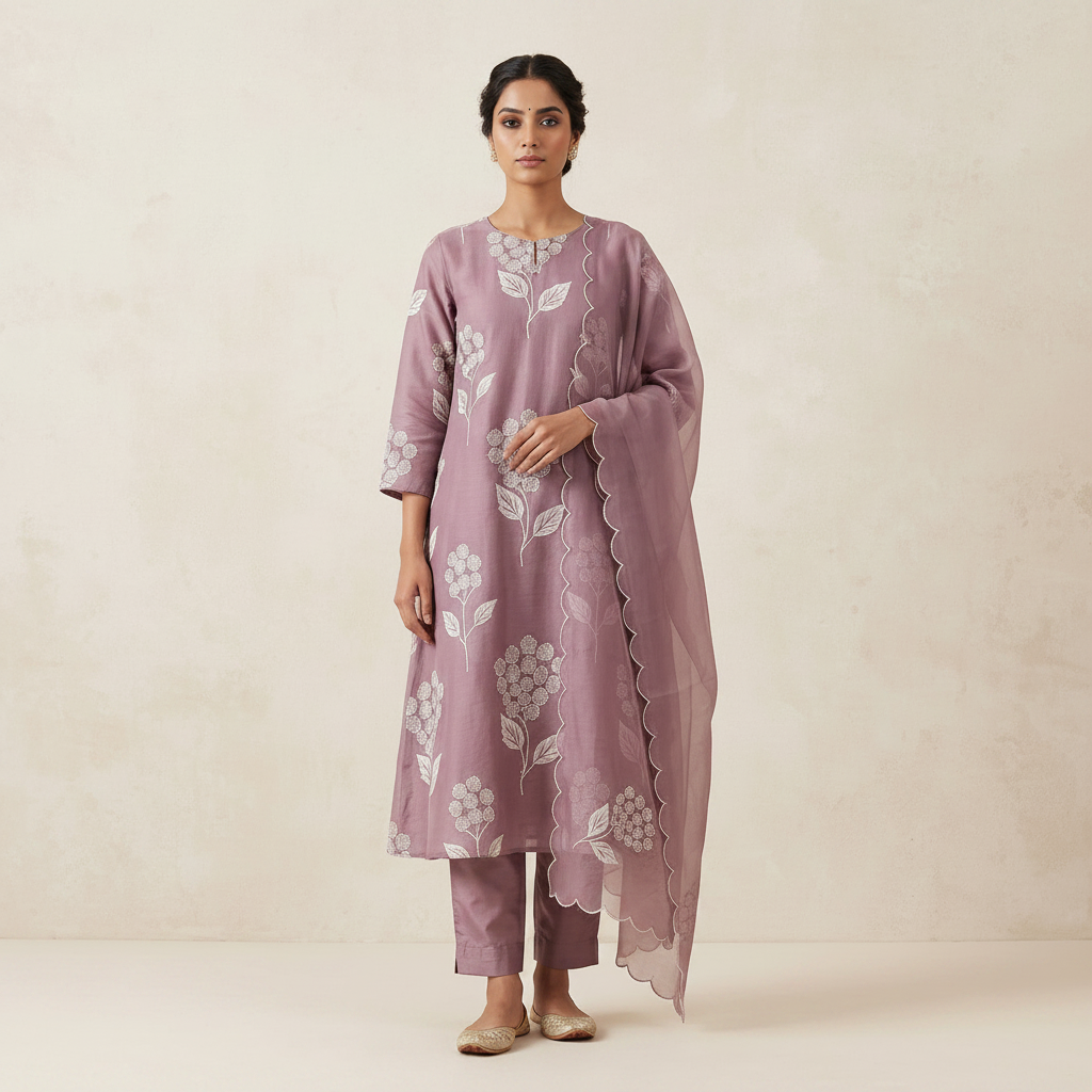 Orchid Embroidered Mul Chanderi Suit Set