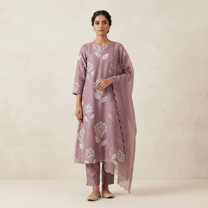 Orchid Embroidered Mul Chanderi Suit Set