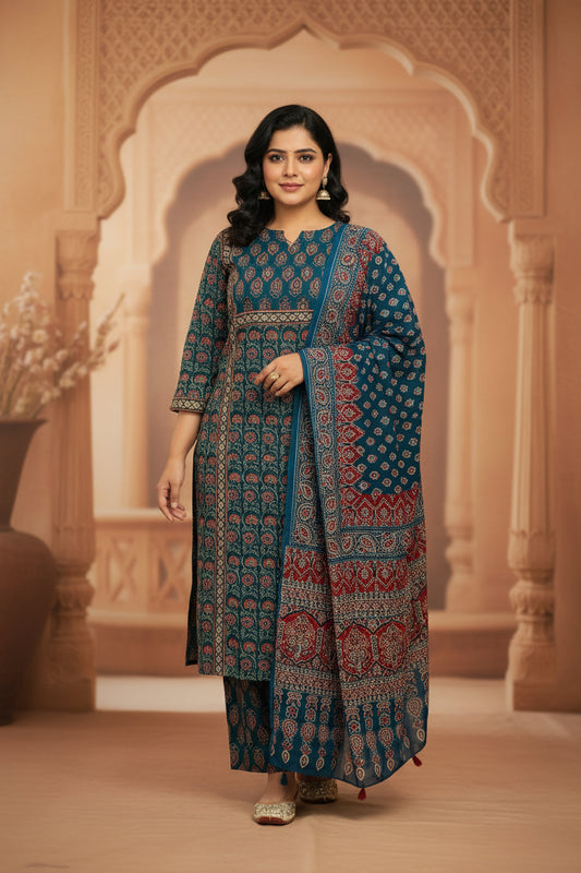 Blue Ajrakh Cotton Straight Suit Set