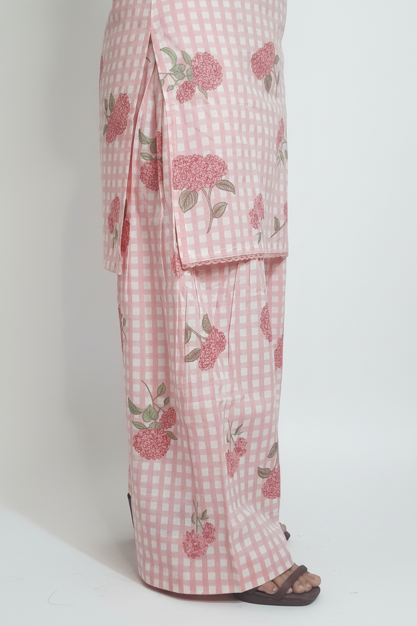Baby Pink Hydrangea Check Farshi Cotton Suit Set