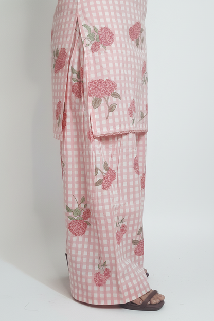 Baby Pink Hydrangea Check Farshi Cotton Suit Set