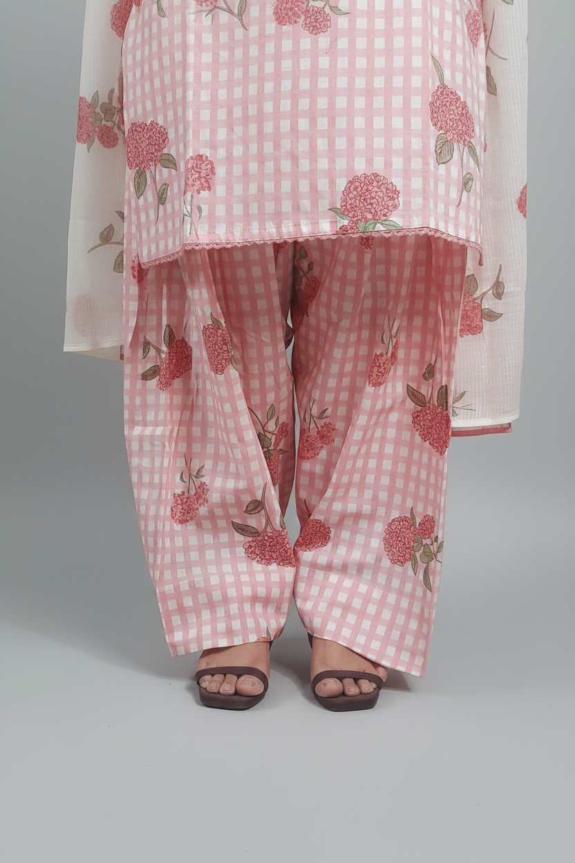 Baby Pink Hydrangea Check Farshi Cotton Suit Set