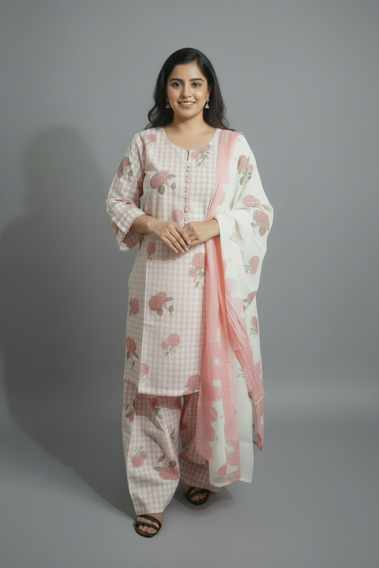 Baby Pink Hydrangea Check Farshi Cotton Suit Set