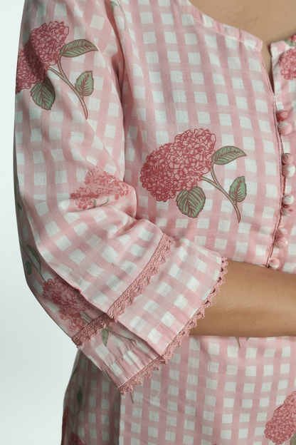 Baby Pink Hydrangea Check Farshi Cotton Suit Set