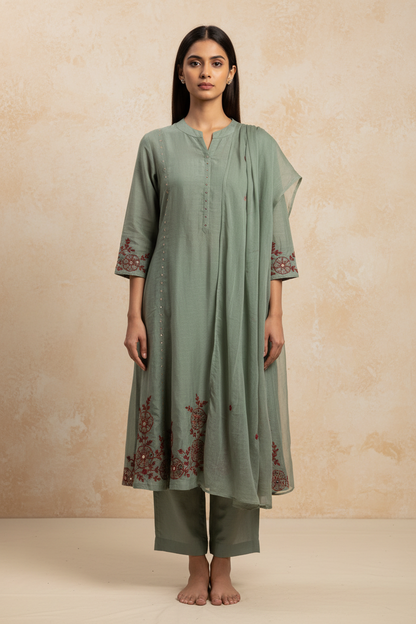 Sage Green Banarasi Mul Chanderi A-line Kurta Set – E-commerce Front View