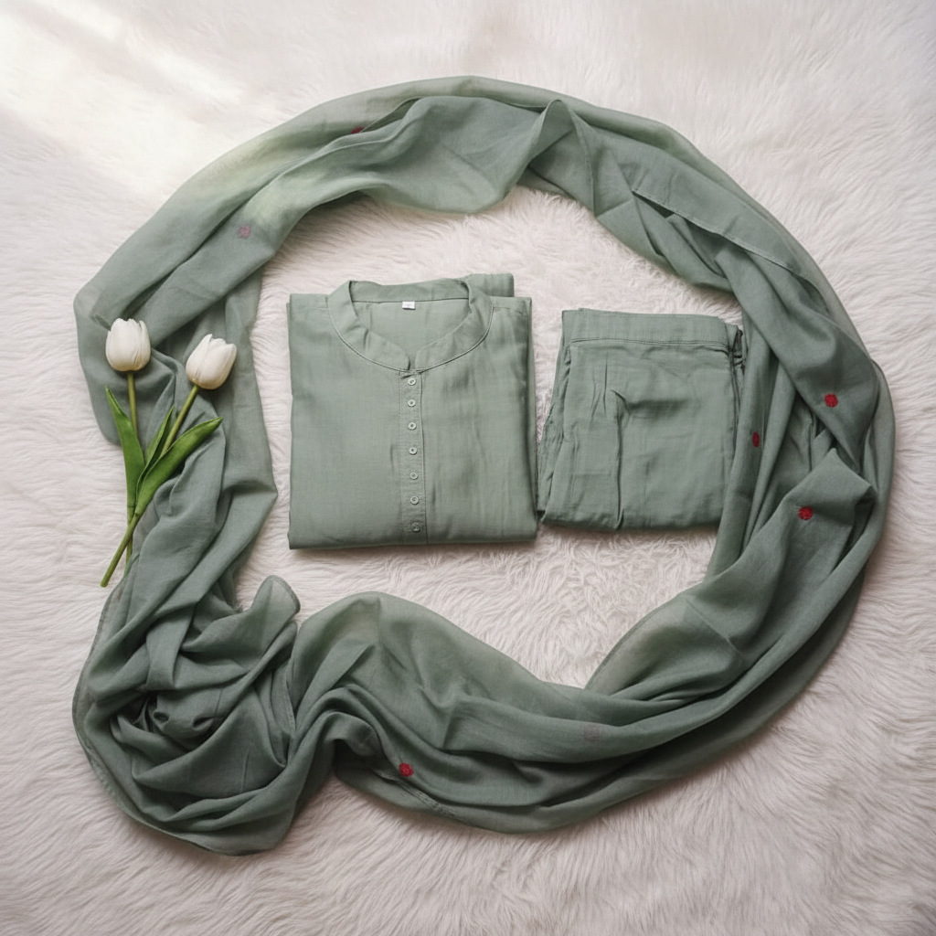 Sage Green Kantha Work Mul Chanderi Suit Set