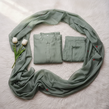 Sage Green Kantha Work Mul Chanderi Suit Set
